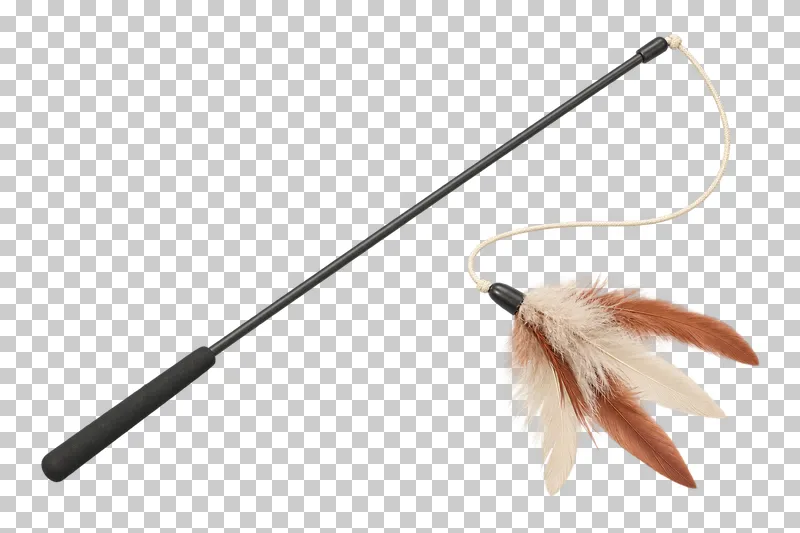 Feather wand in graphite rod, cream cord, cream and terracotta feathers, photographed as a complete isolated product on a transparent background.