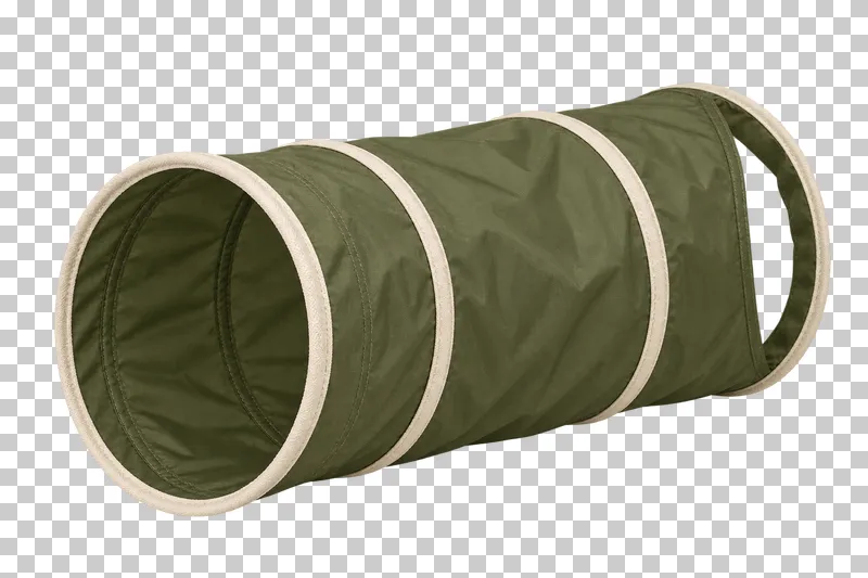 Fabric cat tunnel in olive fabric, cream piping, photographed as a complete isolated product on a transparent background.