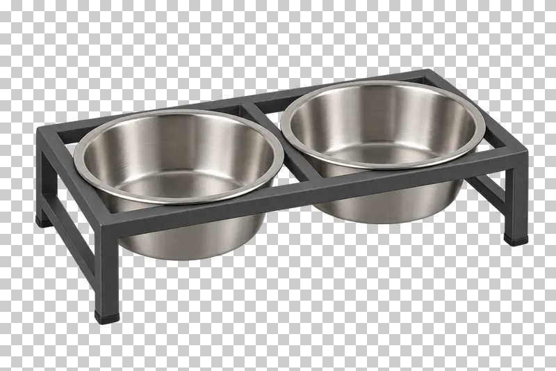 Double bowl stand in stainless steel bowls, graphite stand, photographed as a complete isolated product on a transparent background.