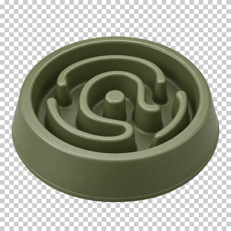 Slow feeder bowl in olive plastic, photographed as a complete isolated product on a transparent background.