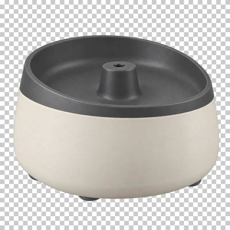 Pet drinking fountain in cream body, graphite upper basin, photographed as a complete isolated product on a transparent background.