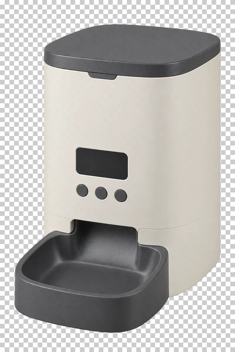 Automatic pet feeder in cream body, graphite lid and empty feeding tray, photographed as a complete isolated product on a transparent background.