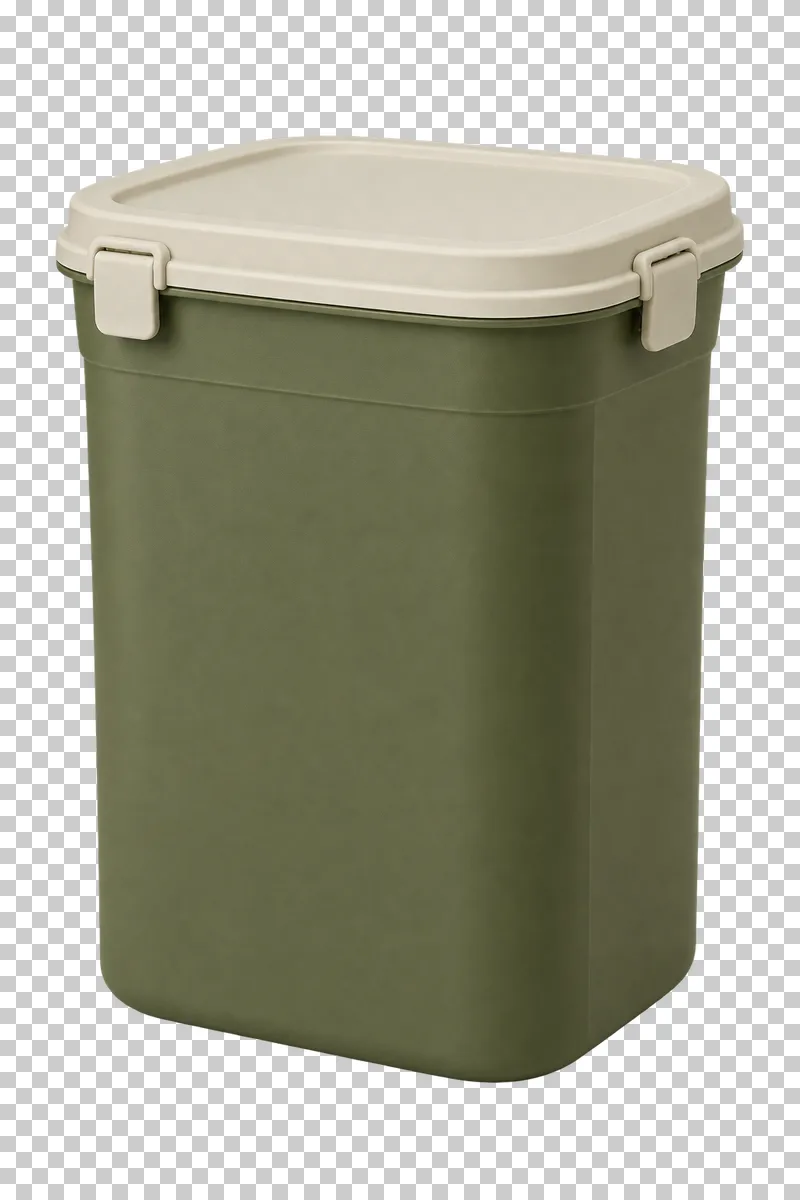 Closed pet food container in olive body, cream sealed lid, photographed as a complete isolated product on a transparent background.