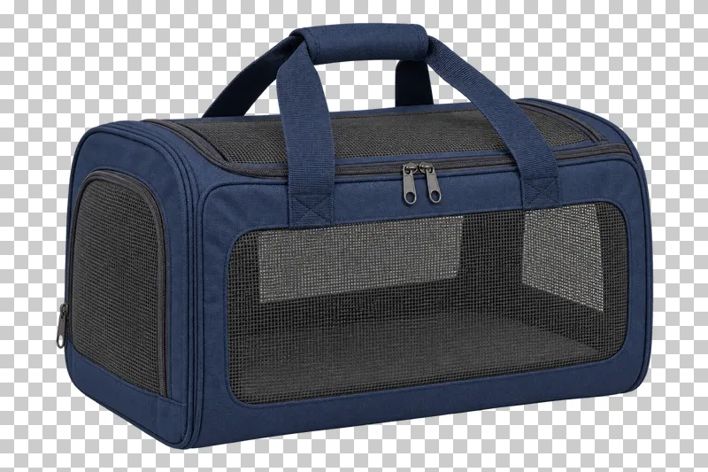 Soft pet carrier in navy fabric, graphite mesh and zippers, photographed as a complete isolated product on a transparent background.