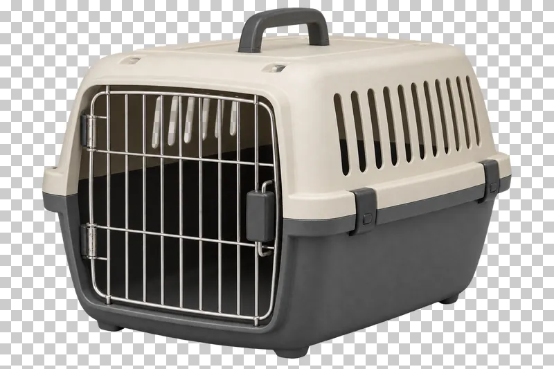 Plastic pet carrier in cream upper shell, graphite lower shell, steel door grille, photographed as a complete isolated product on a transparent background.