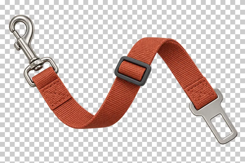Pet car seat belt in terracotta nylon, graphite adjuster, stainless steel snap hook and seat belt tongue, photographed as a complete isolated product on a transparent background.