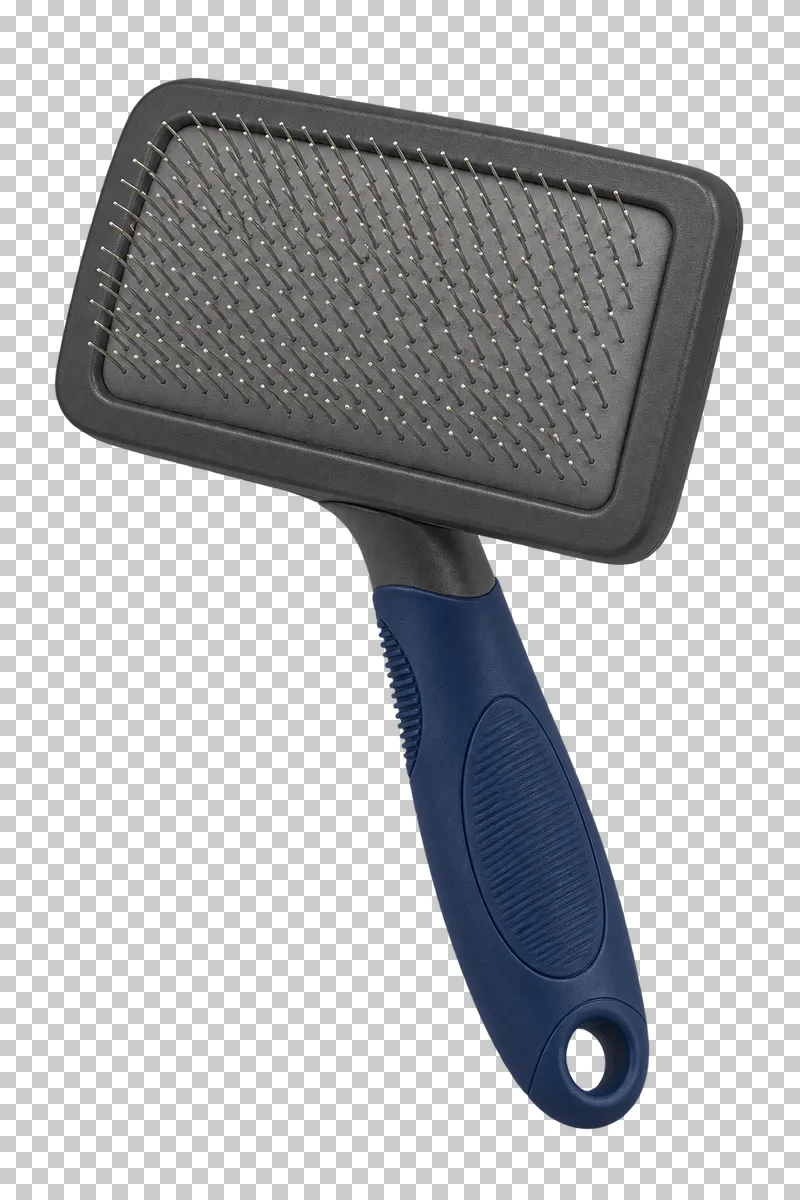 Slicker brush in navy handle, graphite head, stainless steel pins, photographed as a complete isolated product on a transparent background.