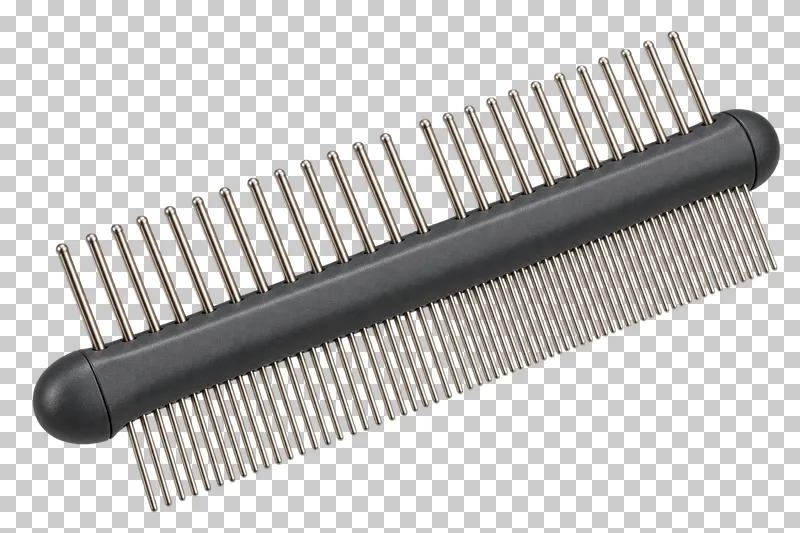 Double-sided comb in stainless steel teeth, graphite spine, photographed as a complete isolated product on a transparent background.