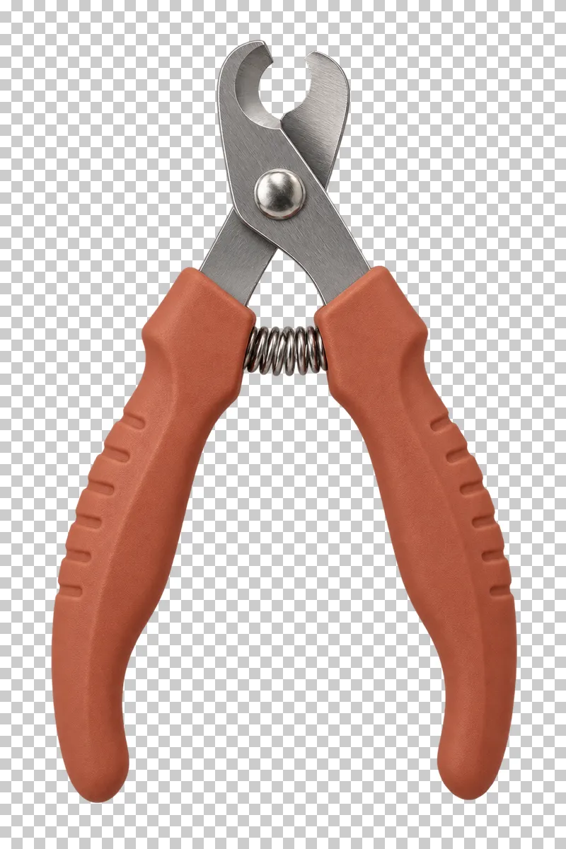 Pet nail clippers in terracotta grips, stainless steel cutting jaws, photographed as a complete isolated product on a transparent background.