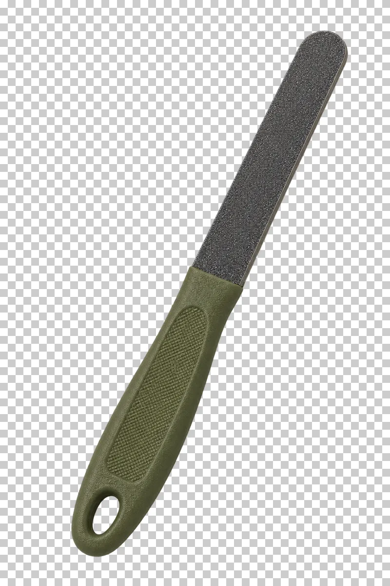 Pet nail file in olive handle, graphite abrasive face, photographed as a complete isolated product on a transparent background.