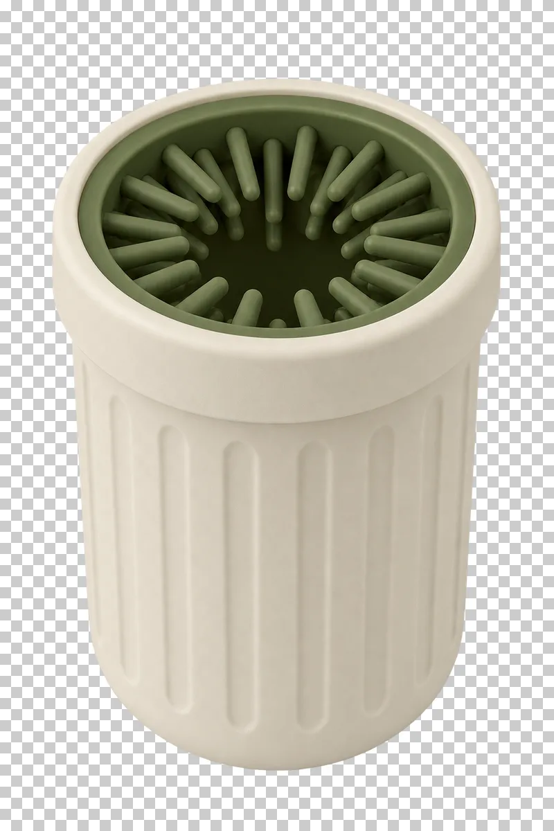 Paw cleaning cup in cream cup, olive silicone insert, photographed as a complete isolated product on a transparent background.