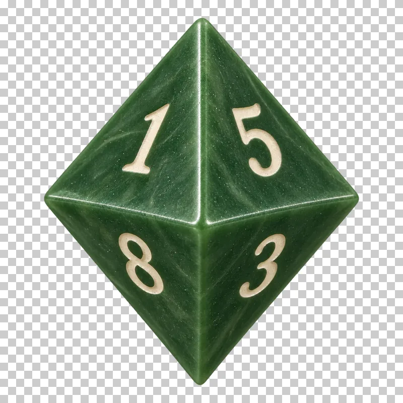 A muted green eight-sided die with triangular faces and engraved numerals.