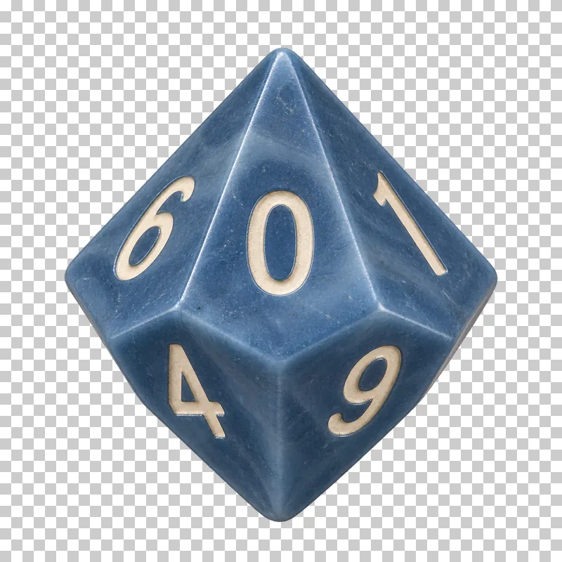 A muted blue ten-sided die with engraved numerals.