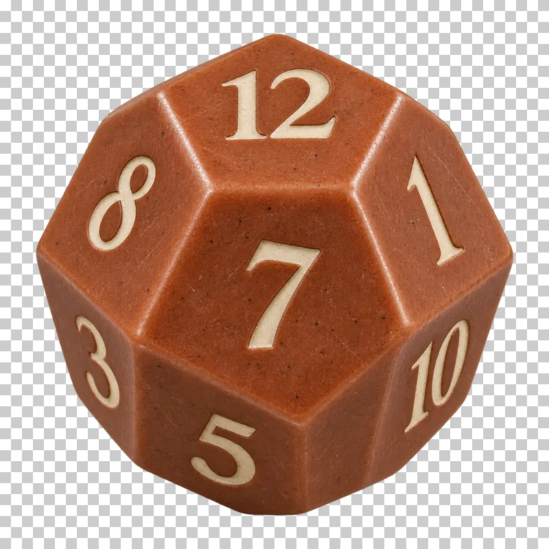 A muted terracotta twelve-sided die with numbered pentagonal faces.