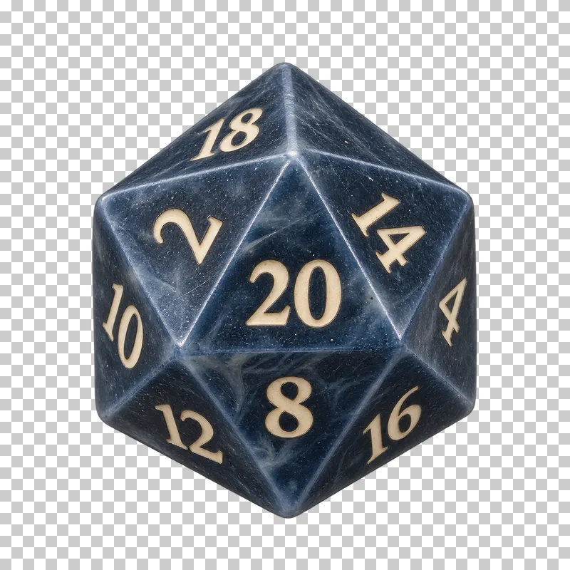 A muted charcoal blue twenty-sided die with numbered triangular faces.
