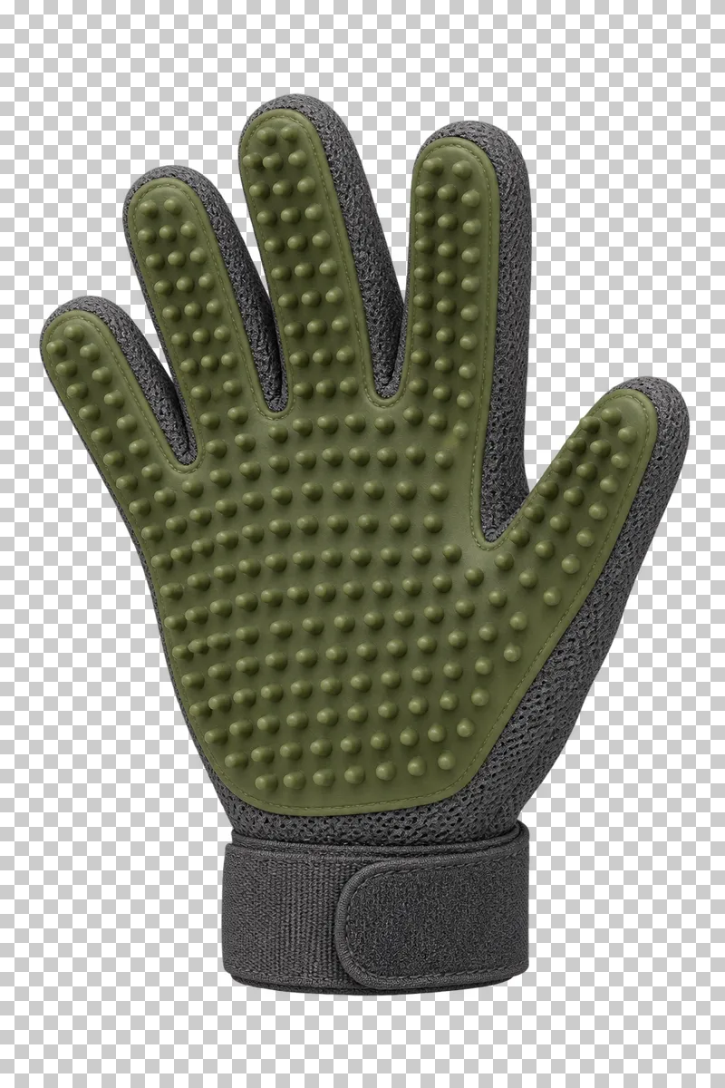 Deshedding glove in graphite fabric, olive silicone palm, photographed as a complete isolated product on a transparent background.