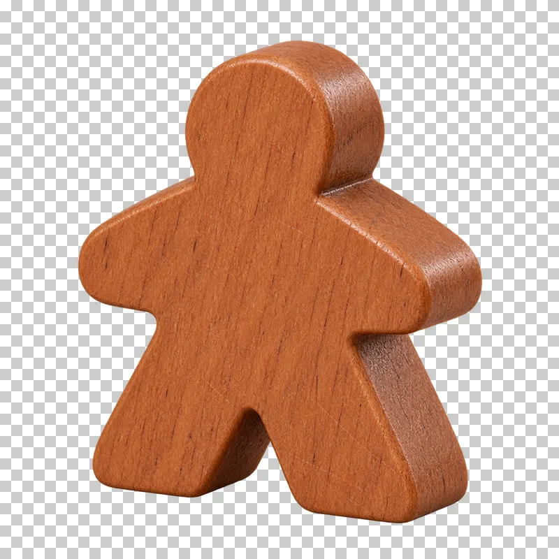 A wooden meeple with a simplified human silhouette and rounded edges.