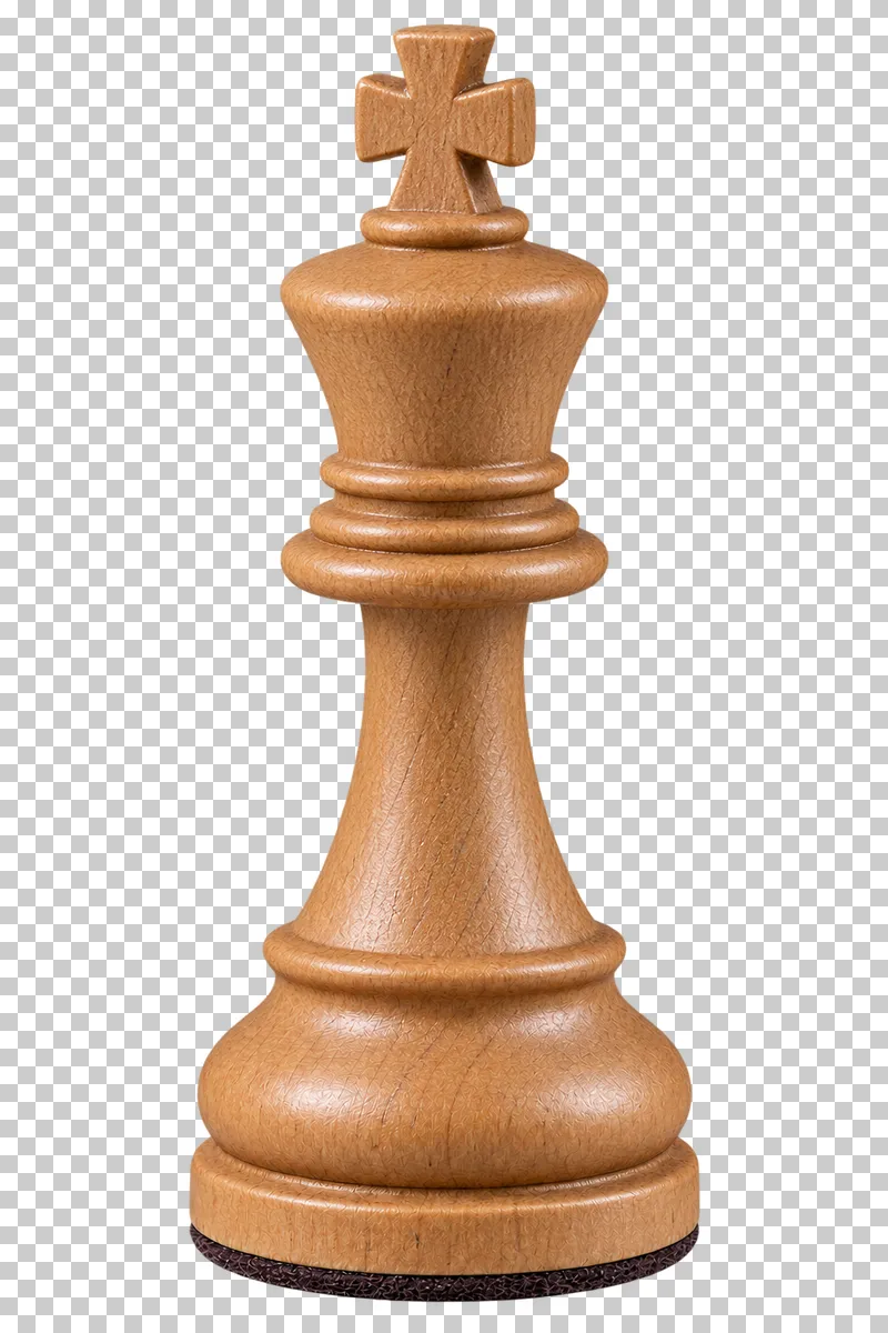 A natural wooden Staunton chess king with a cross finial.