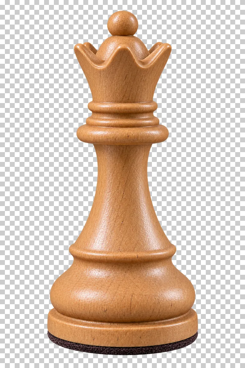 A natural wooden Staunton chess queen with a crown.