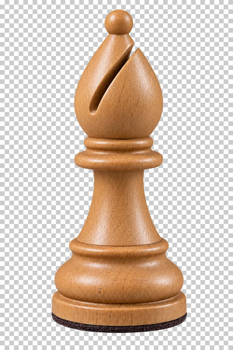 A natural wooden Staunton chess bishop with a slotted head.