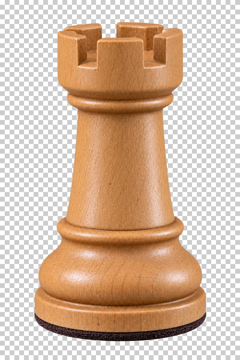 A natural wooden Staunton chess rook with a crenellated top.