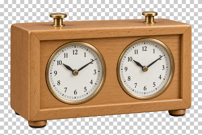 A wooden analog chess clock with two round clock faces.