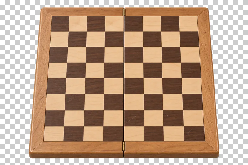 An empty open wooden chessboard with exactly eight by eight alternating squares.