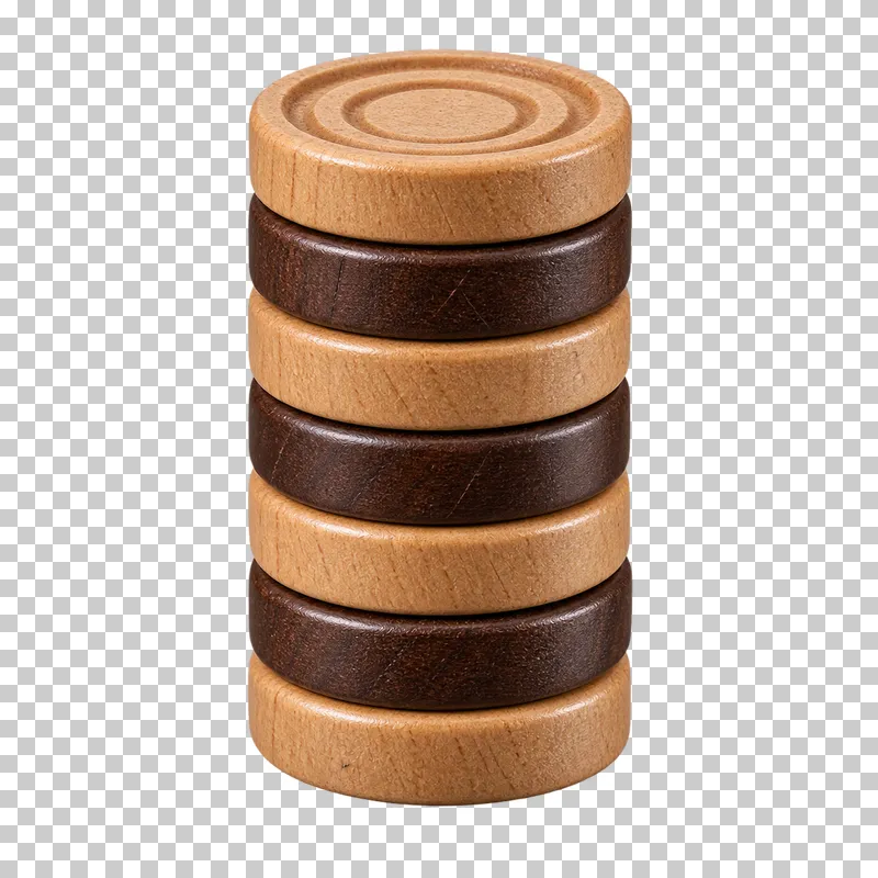A stack of round wooden checkers with grooved edges.