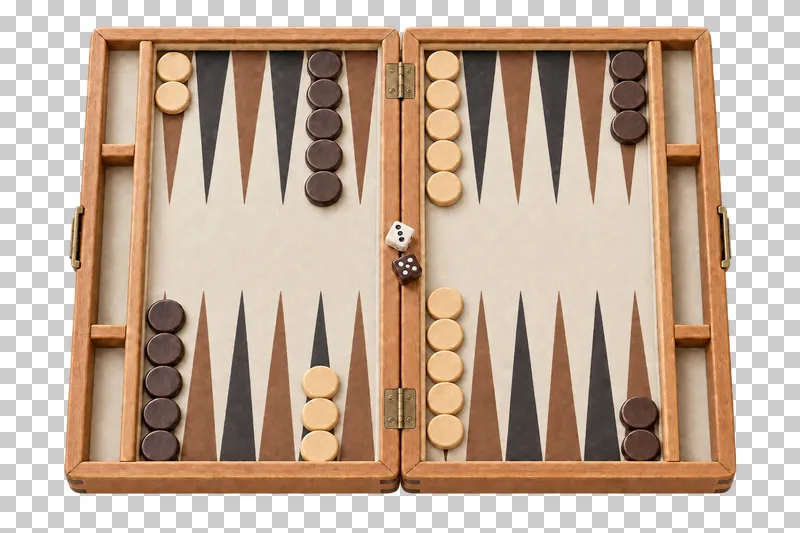 An open wooden backgammon set with twenty-four points and light and dark checkers.