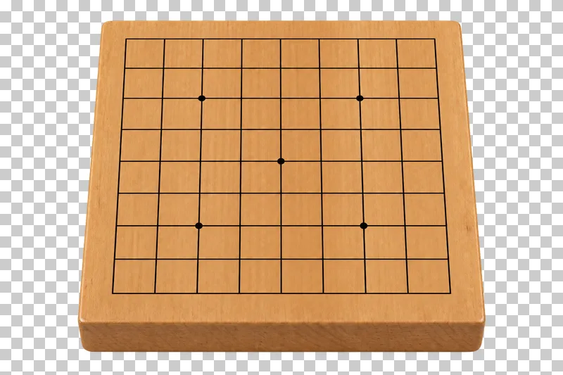 A wooden nine-by-nine Go board with five star points.