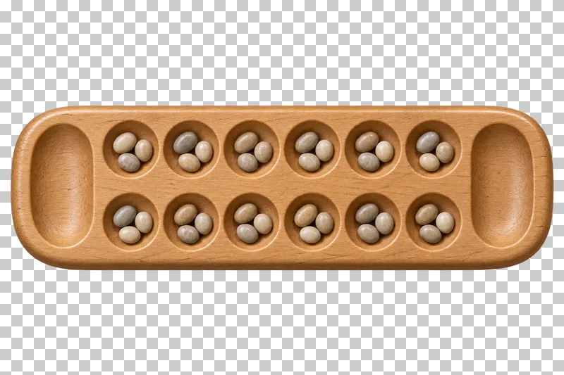 A wooden mancala board with twelve small pits, two end stores and smooth stones.