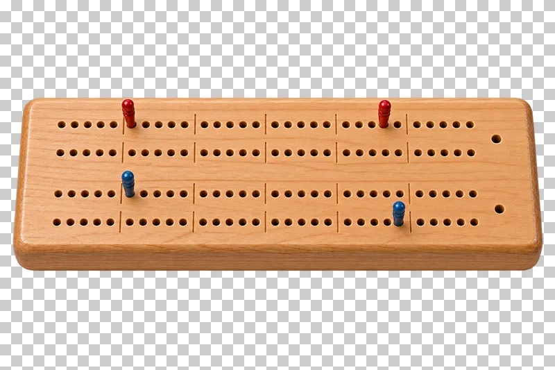 A wooden two-player cribbage board with grouped peg holes and four pegs.