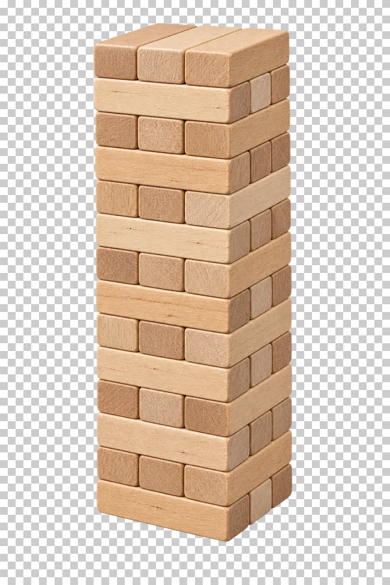 A tower of wooden blocks arranged in alternating layers.