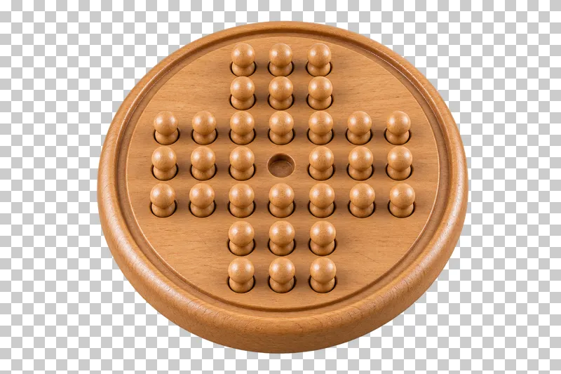 A wooden cross-pattern peg solitaire board with an empty center hole.