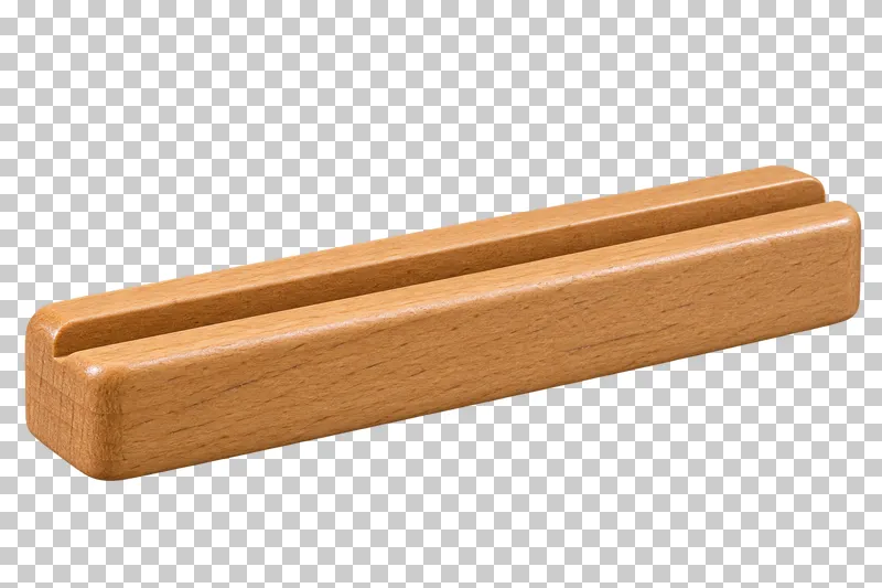A wooden card holder with a long recessed slot.