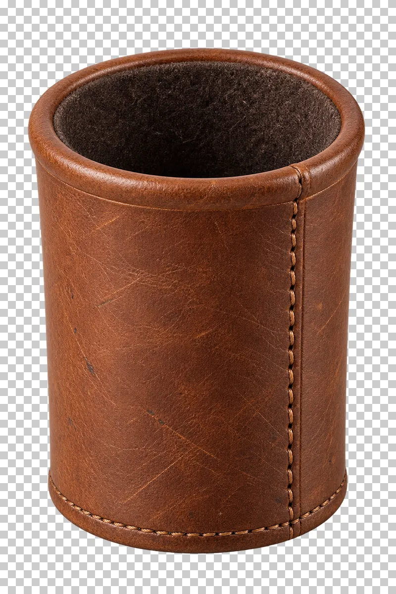 A brown leather dice cup with stitched seams.