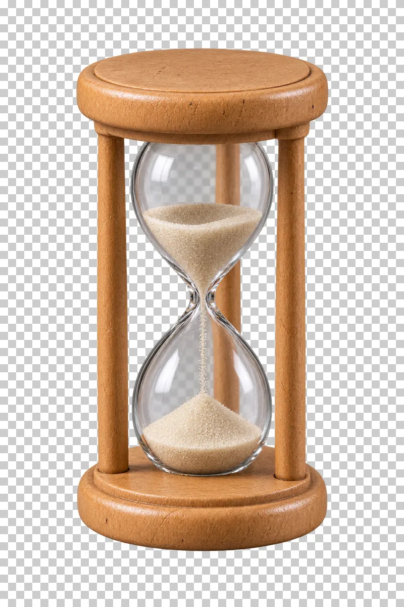 A wooden hourglass with clear glass bulbs and pale sand.