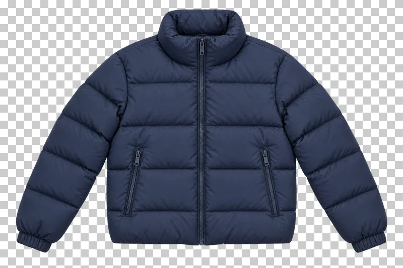 Navy short puffer jacket made of matte nylon shell with down filling, laid flat and photographed from above with a transparent background.