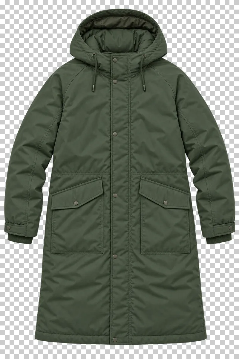 Forest green long parka made of cotton-nylon shell with synthetic insulation, laid flat and photographed from above with a transparent background.