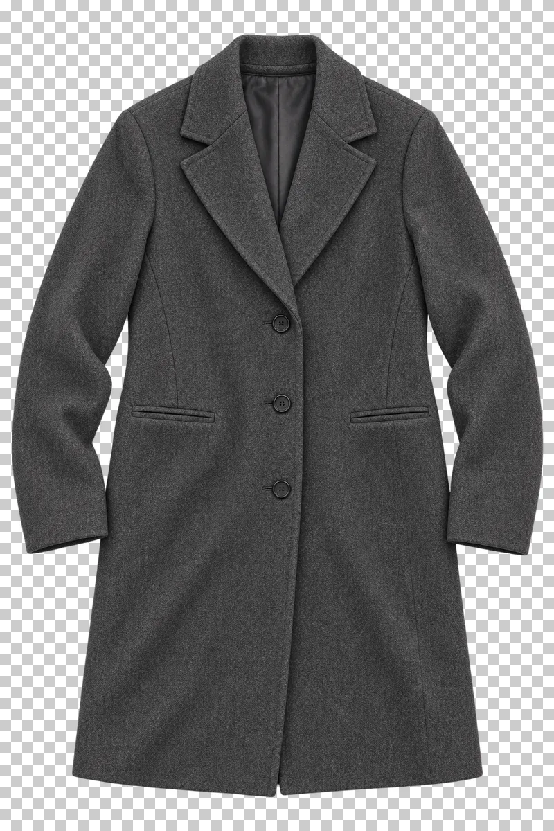 Charcoal single-breasted wool coat made of dense wool cloth, laid flat and photographed from above with a transparent background.