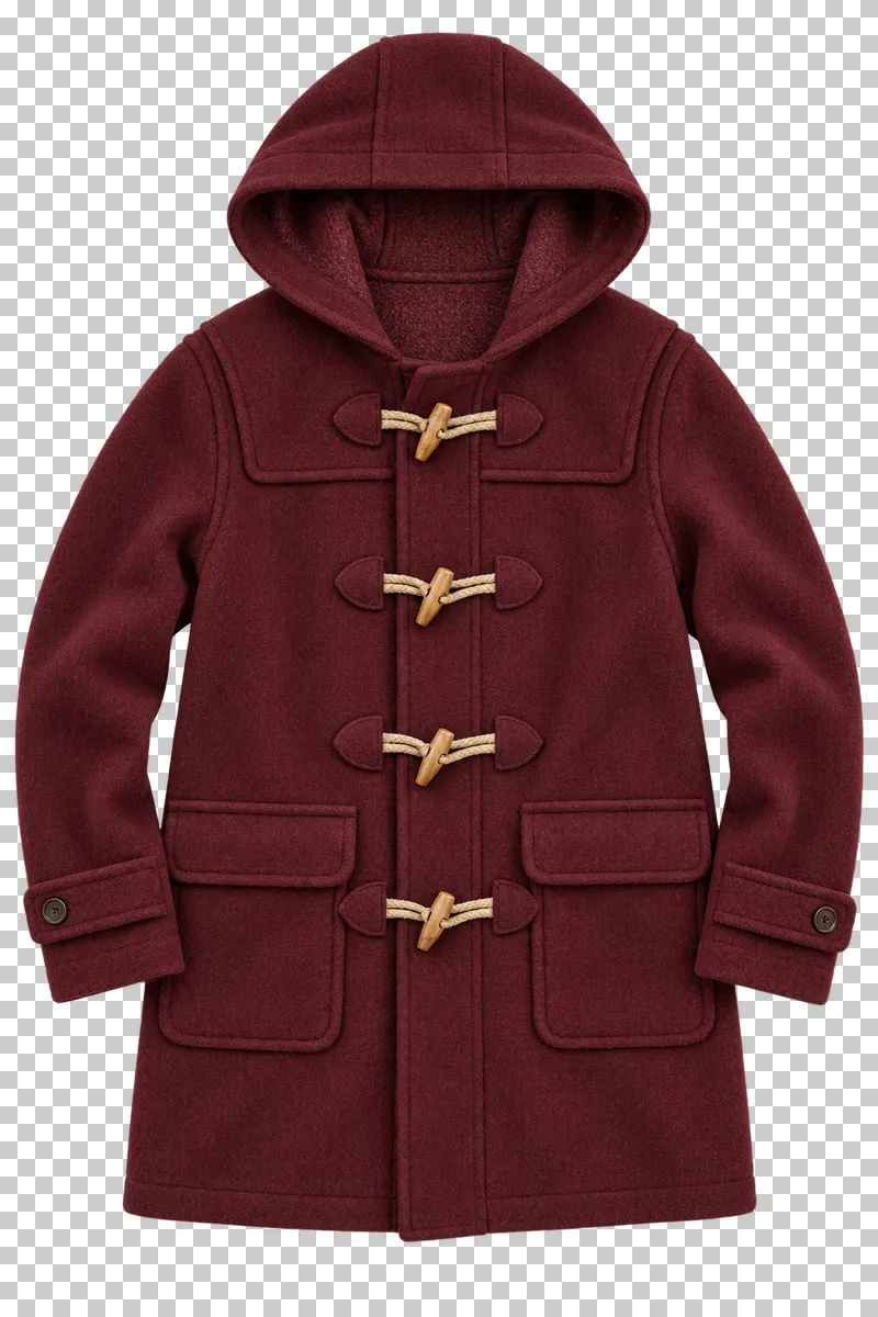 Burgundy duffle coat made of heavy wool with wooden toggles, laid flat and photographed from above with a transparent background.