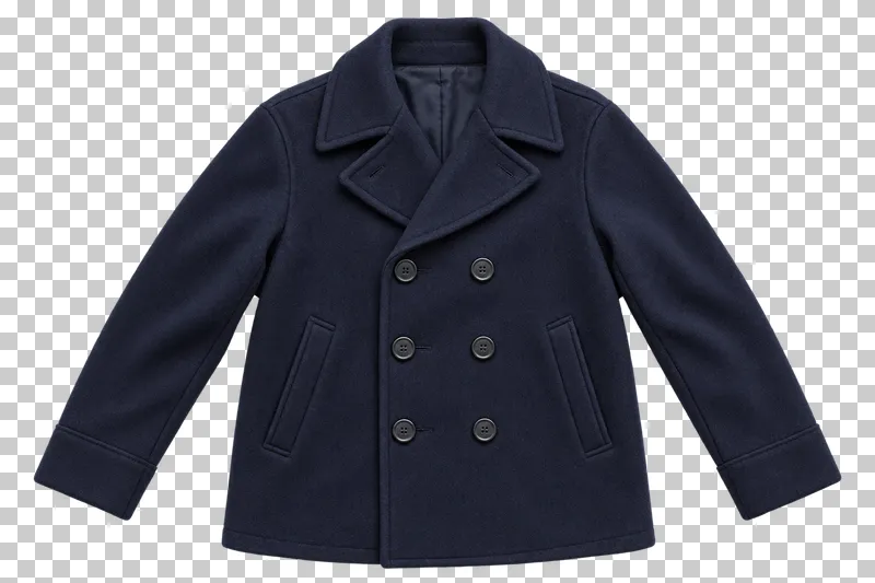 Navy double-breasted peacoat made of dense wool melton, laid flat and photographed from above with a transparent background.