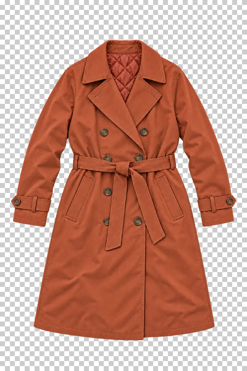 Rust insulated trench coat made of cotton gabardine with quilted lining, laid flat and photographed from above with a transparent background.
