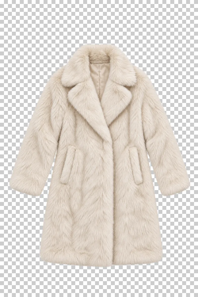 Cream faux fur coat made of long-pile synthetic fur, laid flat and photographed from above with a transparent background.