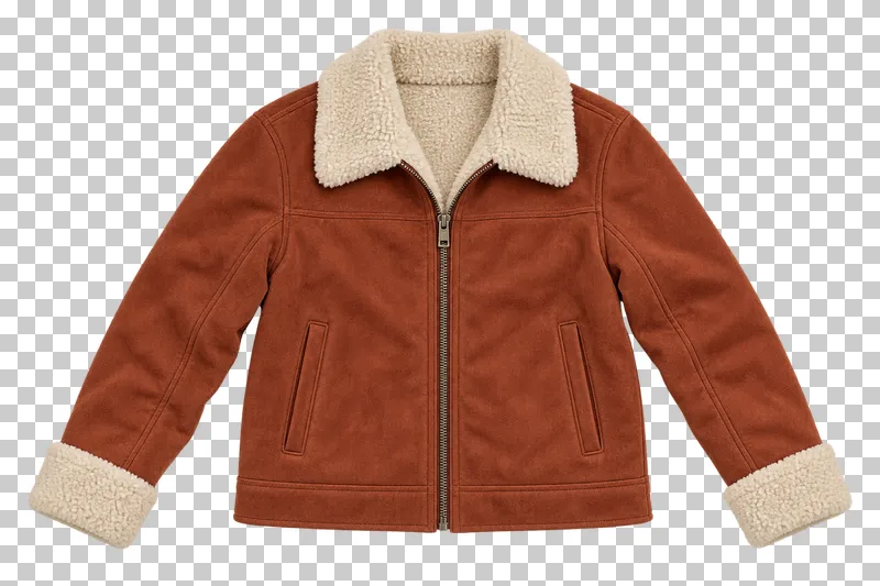 Rust with cream lining synthetic shearling jacket made of synthetic suede with faux shearling lining, laid flat and photographed from above with a transparent background.