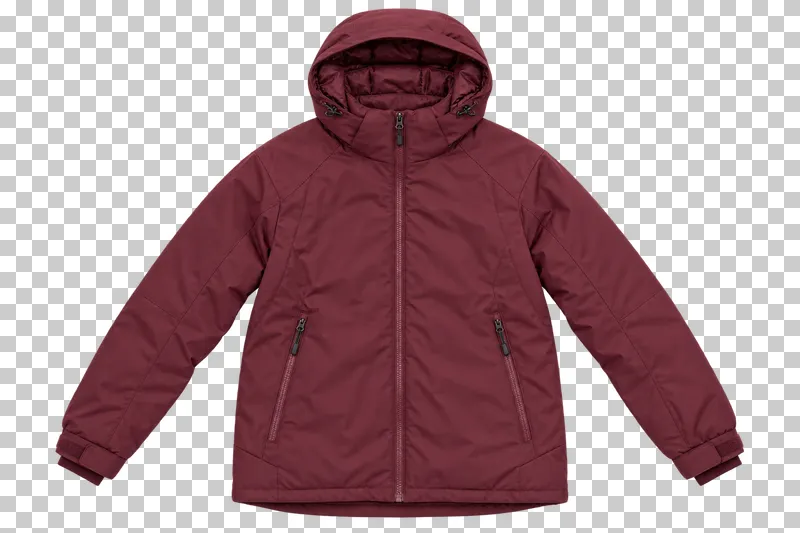 Burgundy ski jacket made of waterproof polyester with synthetic insulation, laid flat and photographed from above with a transparent background.