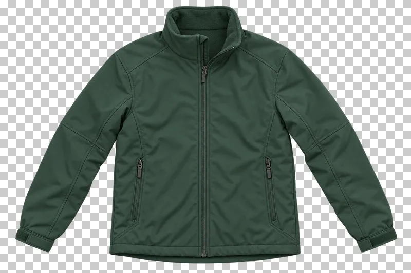 Forest green insulated softshell jacket made of stretch woven polyester softshell with fleece backing, laid flat and photographed from above with a transparent background.
