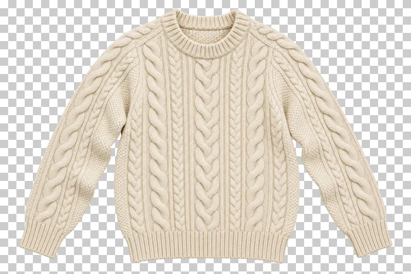 Cream cable-knit sweater made of thick cable-knit wool, laid flat and photographed from above with a transparent background.