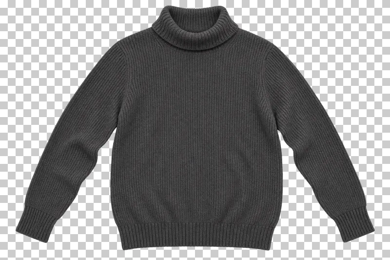 Charcoal turtleneck sweater made of fine rib-knit merino wool, laid flat and photographed from above with a transparent background.
