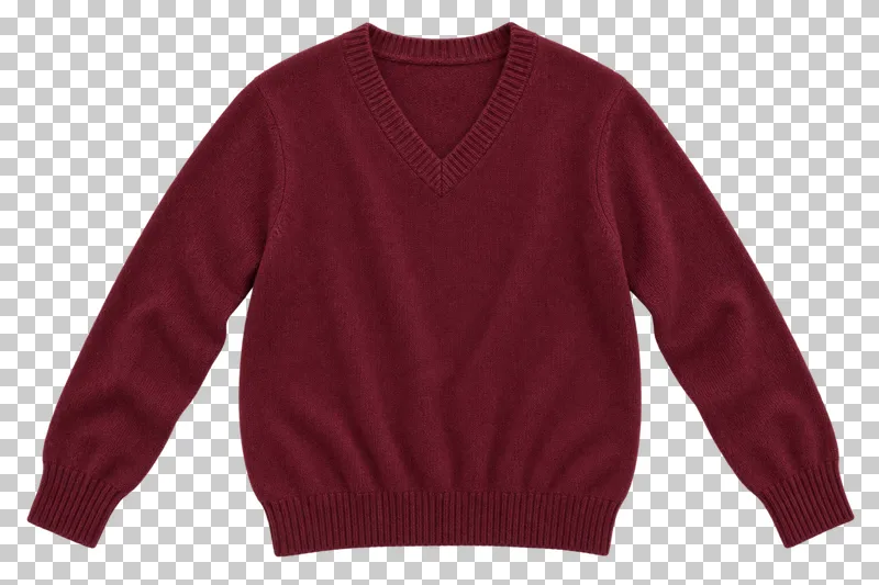 Burgundy v-neck sweater made of smooth wool-cashmere knit, laid flat and photographed from above with a transparent background.
